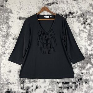 Susan Graver Blouse Womens Size Small Ruffle Neck‎ Black Liquid Knit